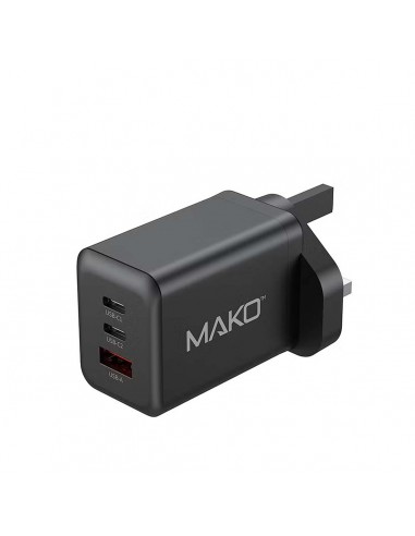 Mako 65W UK Mains Charger for USB-C/USB-C/USB-A Black
